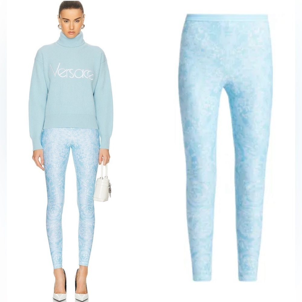 Versace Womens Lycra baroque print hydrangea leaf leggings blue NWT